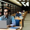 content young person with glasses at a well lit Library viewing online content