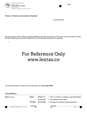 CA FTB 4267A Power of Attorney Declaration Rejected