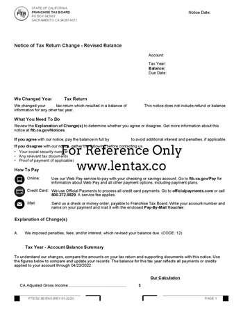 CA FTB 5818B Notice of Tax Return Change - Revised Balance