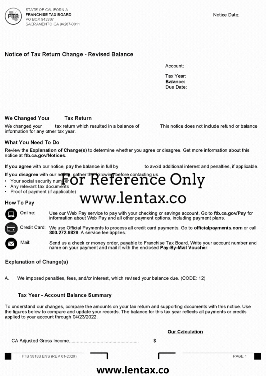 CA FTB 5818B Notice of Tax Return Change - Revised Balance_front
