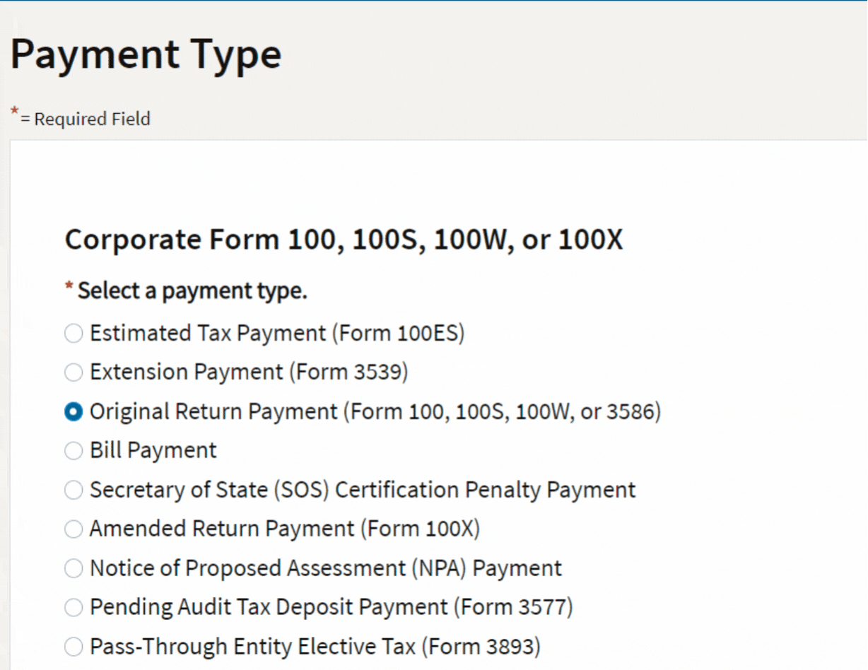 CA FTB Web Pay Business Payment Type