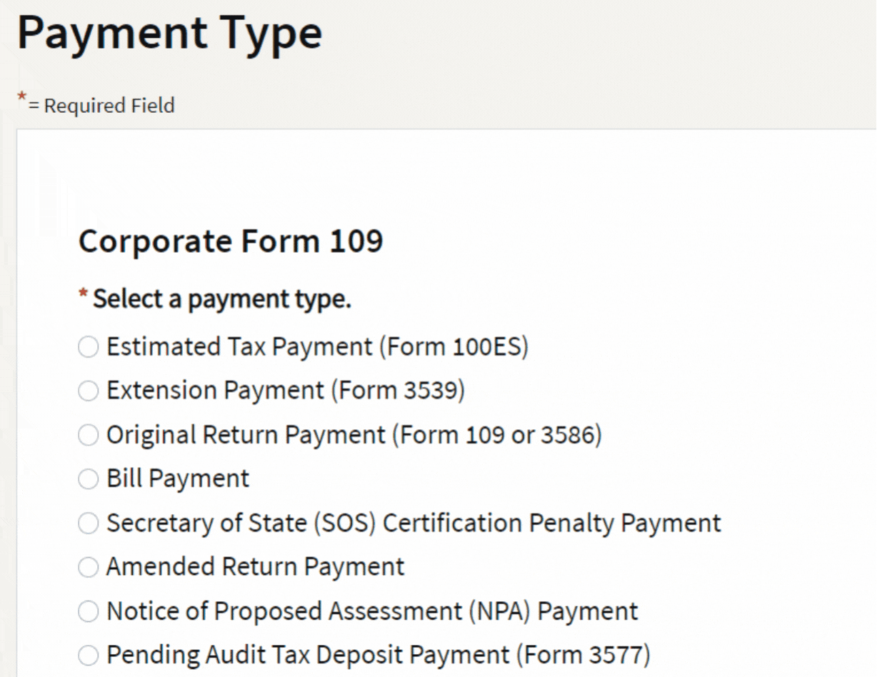 CA FTB Web Pay Exempt 109 Payment Type