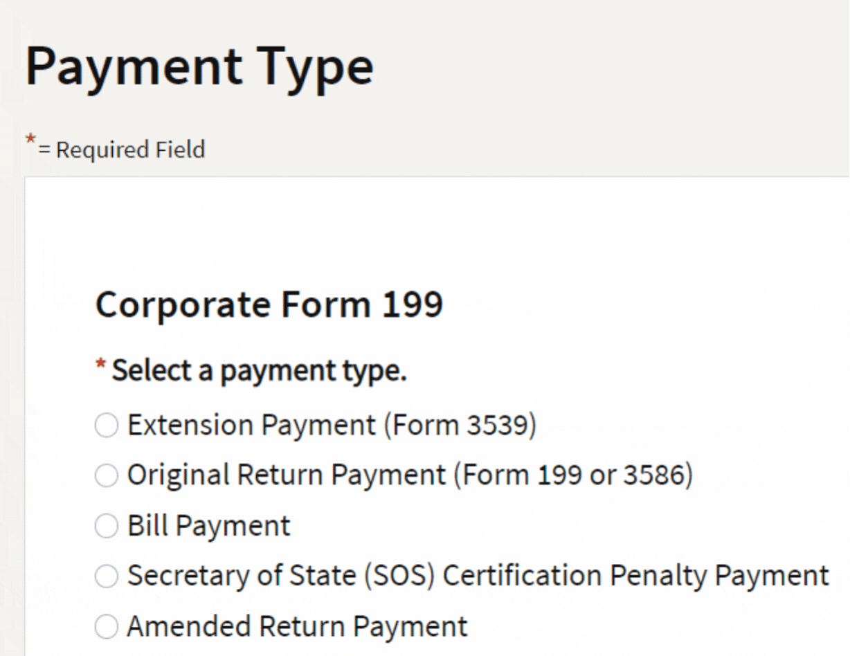 CA FTB Web Pay Exempt 199 Payment Type