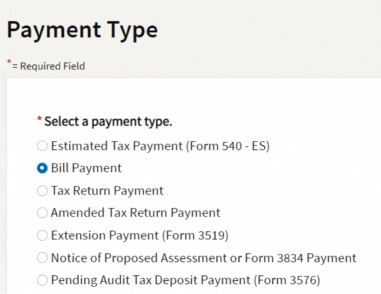 CA FTB Web Pay Individual Payment Type