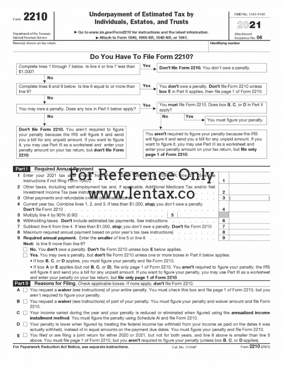 IRS Form 2210 Underpayment of Estimated Tax by Individuals, Estates, and Trusts_Page_1 Lentax.co